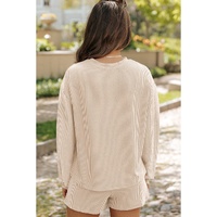 Parchment Corded Knit Long Sleeve Top and High Waist Shorts Set - L