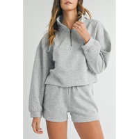 Light Grey Stand Neck Zipped Sweatshirt and Shorts Set - XL