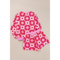 Sachet Pink Geometric Print Long Sleeve Top and Drawstring Shorts Set - M