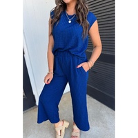 Sky Blue Textured Knit Cap Sleeve T Shirt and Wide Leg Pants Set - M