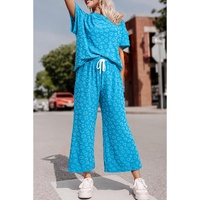 Blue Leopard Jacquard Short Sleeve Top and Wide Leg Pants Set - S