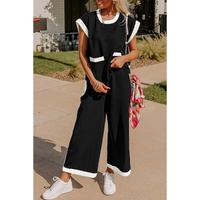 Black Color Block Pocketed T Shirt and Wide Leg Pants Set - XL