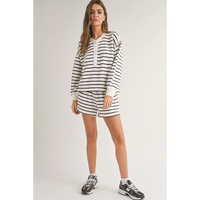 Black white Stripes Printed Half Button Long Sleeve Top and Shorts Set - M