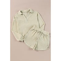 Parchment Textured Buttoned Long Sleeve Top 2 Piece Shorts Set - XL