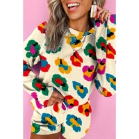 Apricot Multicolor Leopard Printed Long Sleeve Top Two Piece Shorts Set - XL