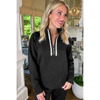 Black Textured Jacquard Quarter Zip Top and Crop Pants Set - XL