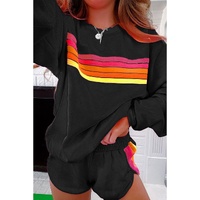Black Striped Accent Pullover and Shorts Two Piece Casual Set - L