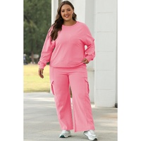 Sachet Pink Solid Color Patchwork Pullover Top and Cargo Pants Set - M