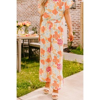 Orange Vibrant Floral Printed Short Sleeve Top 2 Piece Pants Set - M