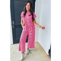 Bright Pink Solid Corded Knit Short Sleeve T Shirt and Wide Leg Pants Set - S