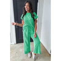 Bright Green Solid Corded Knit Short Sleeve T Shirt and Wide Leg Pants Set - M