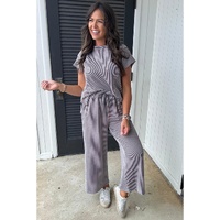 Wild Wind Solid Corded Knit Short Sleeve T Shirt and Wide Leg Pants Set - L