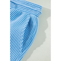 Blue Solid Corded Knit Short Sleeve T Shirt and Wide Leg Pants Set - L