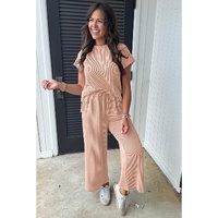 Smoke Gray Solid Corded Knit Short Sleeve T Shirt and Wide Leg Pants Set - L