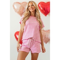 Rose Stripe Crew Neck T Shirt and Drawstring Shorts Set - XL