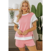 Pink Textured Colorblock Patchwork Tee Two Piece Shorts Set - M