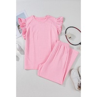 Pink Textured Pearled Ruffled Sleeve Wide Leg Pants Set - S