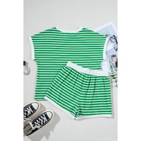 Dark Green Striped Cap Sleeve Tee and Shorts Set - XL