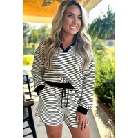 Black Stripe Collared Long Sleeve Top and Drawstring Shorts Set - S