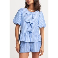 Sky Blue Striped Bowknot Detail Puffy Sleeve Top and Shorts 2Pcs Set - L