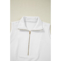 White Textured Half Zip Tank Top Drawstring Shorts Set - M