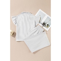 Gray Stripe Zipped up Collar Ruffled Sleeve Tee and Wide Leg Pants 2pcs Outfit - L