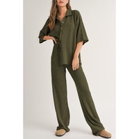 Four Leaf Clover Solid Color Textured Buttoned Shirt and Casual Pants Set - S