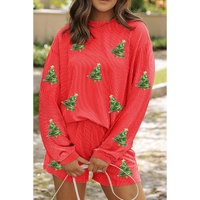 Gold Flame Sequin Christmas Tree Corded Long Sleeve Top ans Shorts Set - S