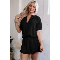 Black Half Zip Puff Sleeve Top and Ruffled Shorts Set - XL