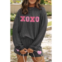 Carbon Grey XOXO Heart Patched Pattern Long Sleeve Corded Shorts Set - L