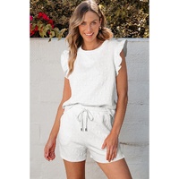 White Bow Jacquard Ruffle Sleeve Short 2pcs Outfit - XL