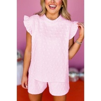 Pink Bow Jacquard Ruffle Sleeve Short 2pcs Outfit - L