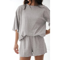 Gray Solid Color Loose Tee 2 Piece Shorts Set - L