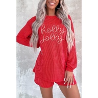 Gold Flame Rhinestone holly jolly Pattern Corded Long Sleeve Top and Shorts Set - M