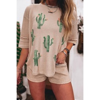 Light French Beige Cactus Forest Waffle Half Sleeve Tee Short Set - S