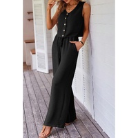 Black Buttoned Vest Drawstring Wide Leg Pants 2pcs Set - L