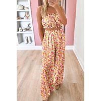 Pink Boho Floral Bandeau Top and High Waist Wide Leg Pants Set - L