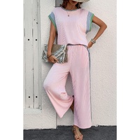 Pink Corded Colorblock Patchwork Short Sleeve Top and Loose Pants Set - M