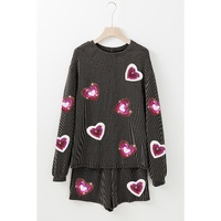 Carbon Grey Valentine Sequin Heart Corded Pullover and Shorts Set - XL