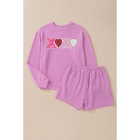 Phalaenopsis Corded Sequined XOXO Heart Valentines Long Sleeve Shorts Set - S