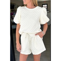 White Solid Color Checkered Texture Short 2pcs Outfit - L