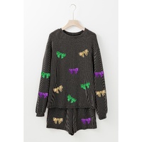 Carbon Grey Bowknot Patched Pattern Corded Long Sleeve Top and Shorts Outfit - L