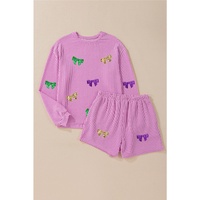 Phalaenopsis Bowknot Patched Pattern Corded Long Sleeve Top and Shorts Outfit - S