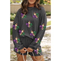 Carbon Grey Mardi Gras Fleur de Lis Patched Corded Long Sleeve Top and Shorts - 2XL