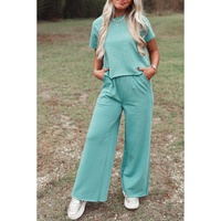 Mint Green Raglan Short Sleeve Tee and Wide Leg Pants Set - L