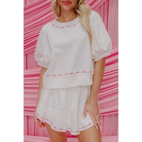 White Contrast Bow Trim Pearl Puff Sleeve Blouse and Skort 2pcs Set - S