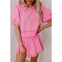 Pink Contrast Bow Trim Pearl Puff Sleeve Blouse and Skort 2pcs Set - L