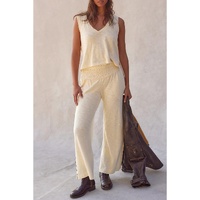Beige Solid Color Tank Top and Smocked Waist Pants Set - L