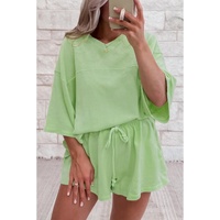 Meadow Mist Green Solid Loose V Neck Half Sleeve Tee and Shorts - L