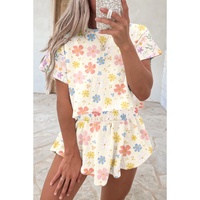 Apricot Floral Print Crop Top Wide Leg Short Set - L